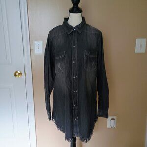 CITY CHIC BLACK WASH DENIM BUTTON UP TOP W/FRINGE BOTTOM-DISTRESSED LOOK-SIZE 16